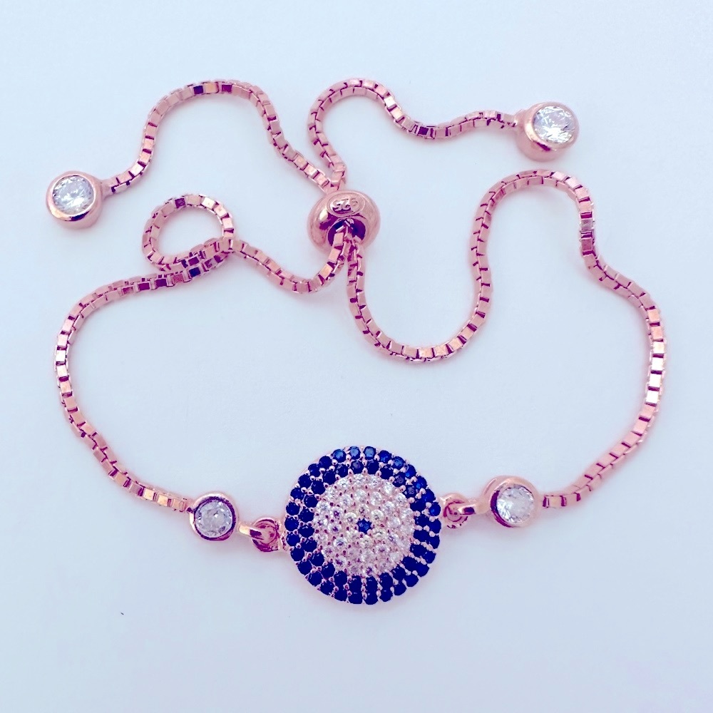 🧿925 Silver evileye bracelet bolo cz stones slider tennis 14k rose gold plated